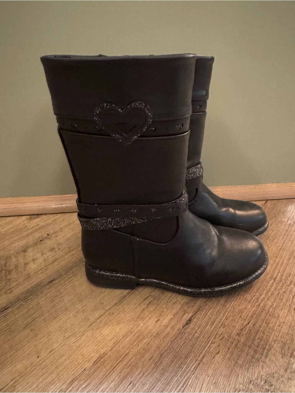 Kids Black Glitter Heart-Trim Tall Boots